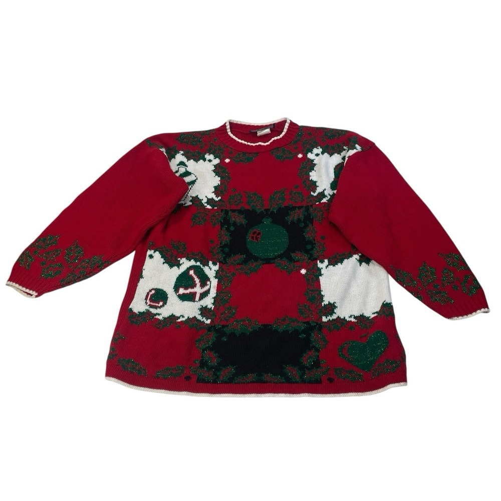 Vintage J.J. Browne USA Christmas Sweater Red Green Holly Ornaments Holiday L